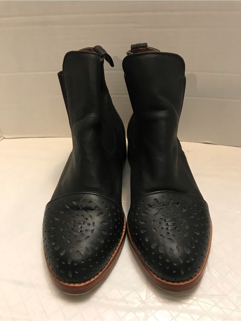 ELF Black Leather Western Ankle Boots with Perforated Toe